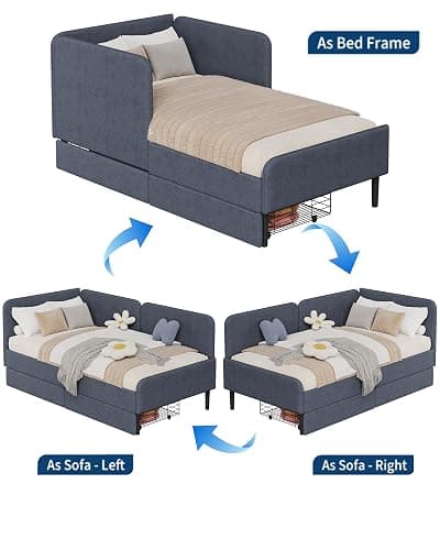 Ailisite Twin Size Corner Bed Frame with 2 Storage Drawers, Twin Size Daybed with Extended Headboard, Upholstered 2-in-One Multifuntion Bed Frame with Guardrails,Modern Bed Frame,Light Grey thumbnail 8
