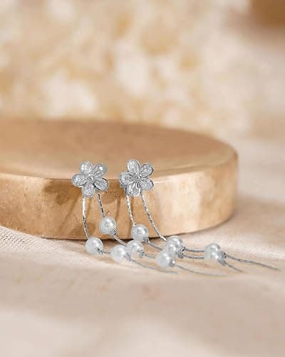 MUMREUES Gold Earrings for Women Trendy 14k Gold Plated Cubic Zirconia Flower Dangle Earrings Hypoallergenic Dainty Pearl Drop Chain Earrings Jewelry Gifts for Her thumbnail 5