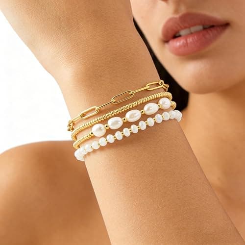 Pymach Dainty Gold Plated Pearl Crystal Beaded Bracelets Set for Women 14K Gold Plated Bead Pearl Beads Bracelet Stackable Paperclip Link Chain Bracelets Gold Plated Bracelets for Women Trendy Jewelry thumbnail 5