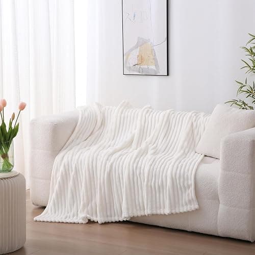 Linecooo Cream White Fleece Throw Blanket 50”×60” for Couch Sofa Bed,Super Soft Cozy Plush Microfiber Flannel Blanket with Stripes Design Lightweight for Adults,Woman,Girls thumbnail 2
