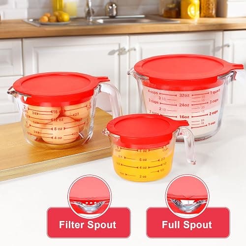 KOMUEE 4 Piece Glass Measuring Cups Set, 5 Oz, 1-Cup, 2-Cup, 4-Cup Liquid Measuring Cups with Lids for Kitchen, Freezer and Microwave Safe thumbnail 6
