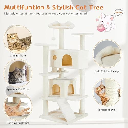 Sweetcrispy 54-inch Cat Tree Tower with Scratching Posts, Indoor Use | Multi-Level Indoor Cat Tree Condo with Climbing Ladder, Plush Toy, Play House for Kitten, Beige thumbnail 4