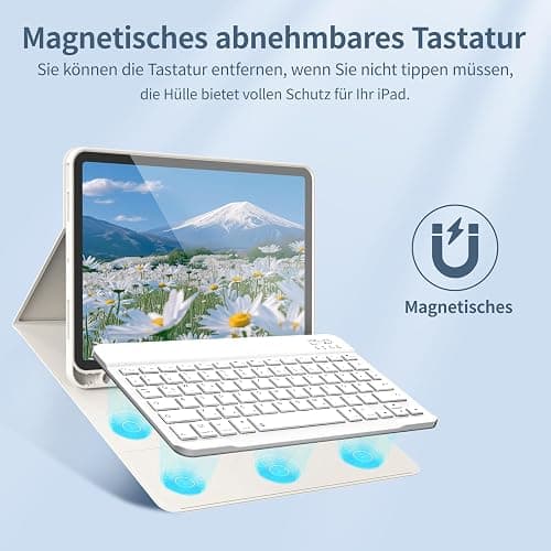 KVTVOU für iPad 11. Generation A16 2025, für iPad 10. Generation 2022 10,9 Zoll Hülle mit Tastatur, Ganzkörper-Absturzsicherung, Bluetooth Abnehmbarer QWERTZ Tastatur, Cremeweiß thumbnail 2