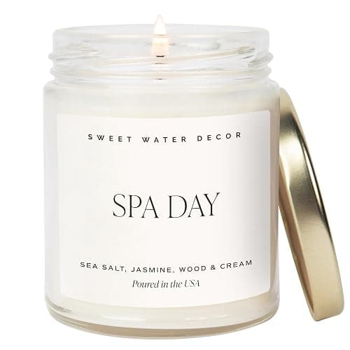 Sweet Water Decor Spa Day Soy Candle - Sea Salt, Jasmine, Wood and Cream Scented Spring Candles for Home - 9oz Clear Jar + Gold Lid, 40+ Hour Burn Time, Made in The USA - Image 1