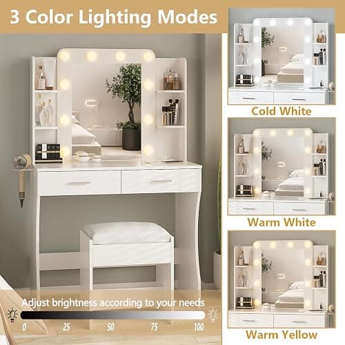 Vabches Vanity Desk with Lights,Makeup Vanity with Power Strip,Dressing Table Set with 2 Large Drawers,Vanity Mirror 3 Lighting Color Adjustable,White thumbnail 4
