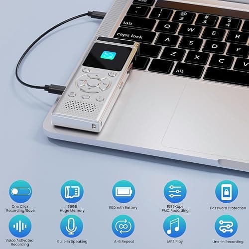 136GB Digital Voice Recorder with Playback,9000 Hours Audio Recording Device,Voice Activated Recorder with Noise Reduction,A-B Repeat,Mp3 Player&Password for Lectures/Meeting/Classes/Interviews,Silver thumbnail 7