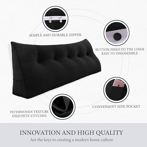 BNCKTRD Headboard Pillow Twin for Dorm - Velvet Bed Wedge Headboard Reading Pillow for Sitting in Bed, Positioning Support Backrest Pillow with Removable Cover & Side Pockets, Black thumbnail 4