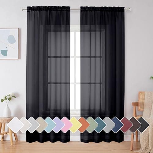 Simplebrand Black Sheer Curtains 84 Inches Long, Light Filtering Rod Pocket Solid Color Window Sheer Curtain Panels, Elegant Curtains & Drapes for Living Room, Bedroom 2 Panels (Black, 42" W x 84" L) - Image 1