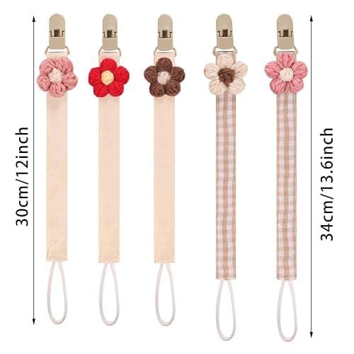 Baby's Breath 5 Pack Pacifier Clips with Adjustable Strap (14.5-18.3 in) - Handmade Boho Style Flower Design, Soft Textile Baby Holder Set for Girls, Neutral Colors for Any Outfit thumbnail 3
