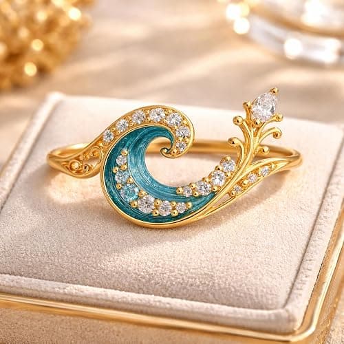 Blue Ocean Wave Ring for Women, 18K Gold Plated Wave Ring with CZ, Mermaid Coastal Jewelry Gift for Her, Sea Inspired Gold Ring, Summer Beach Aesthetic Jewelry thumbnail 4