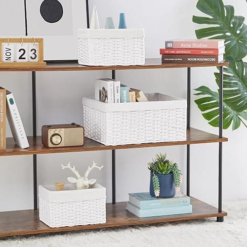 Vagusicc Wicker Basket, Set of 3 Hand-woven Storage Baskets for Organizing, Decorative Rectangle Wicker Storage Basket Bins with Handles, Small Toilet Paper Storage Baskets for Shelves & Decor, White thumbnail 2