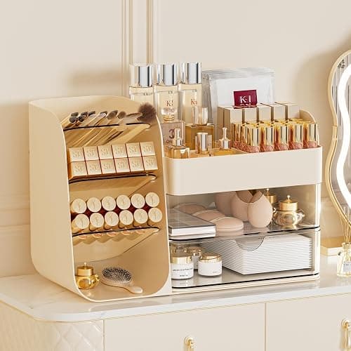 Makeup Organizer with Brush Holder for Vanity,Countertop Makeup Organizer with Drawers,Spacious Cosmetic Display Case,Perfect Storage Solution for Your Beauty Essential (Cream, Large) - Image 1