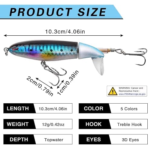Whopper Fishing Lure for Bass, 5pcs Popper Lures Plopper Floating Pencil Bait with Rotating Tail Treble Hooks for Pike Catfish Bass Saltwater Freshwater thumbnail 4