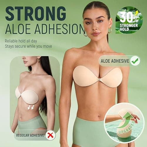 MSHalo Ultra Invisible Sticky Bra Push Up, Strapless Adhesive Bra for Women's Exotic Bras, Reusable Silicone Sticky Boobs for Backless Dress (B Cup, Beige) thumbnail 3