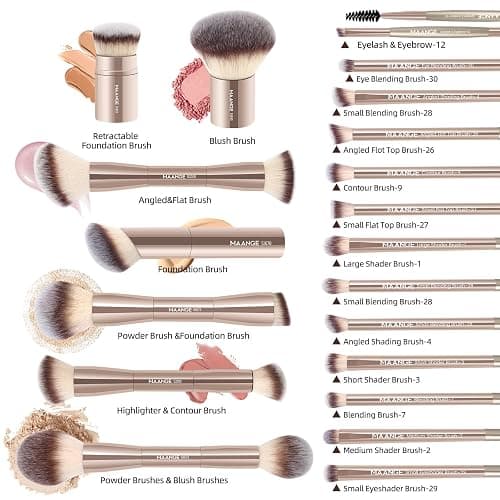 MAANGE 20 Pcs Makeup Brushes with Gift Box, Double-End Multi-functional Makeup Brushes for Blending Liquid Powder Concealer Cream Blush Buffe,Champagne thumbnail 6