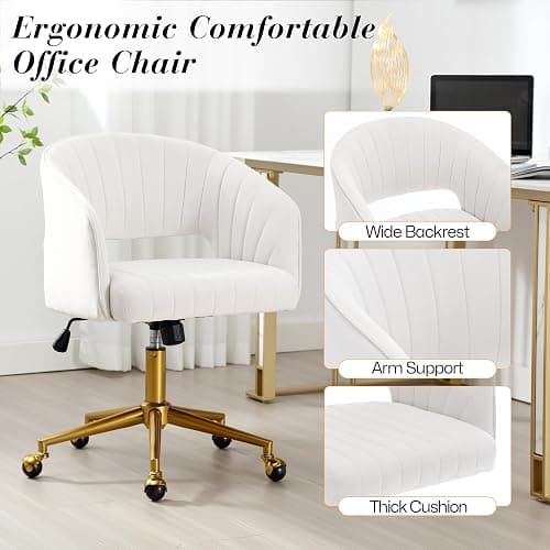 HENGJIANYI Home Office Swivel Desk Chair, Modern Velvet Vanity Chair, Height Adjustable Armchair with Gold Base, Ergonomic Office Chair for Task Study Computer Room, Beige thumbnail 4