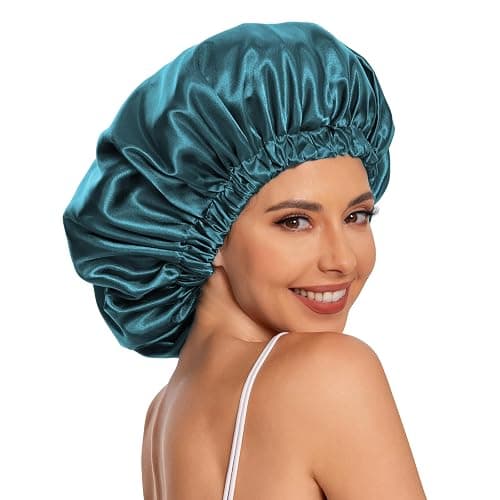 Satin Bonnet Silk Bonnet Hair Bonnet for Sleeping-Slouchy Beanie Hat Satin Sleep Cap for Women's Natural & Curly Hair(Blue Zircon&Dark Pink) thumbnail 4