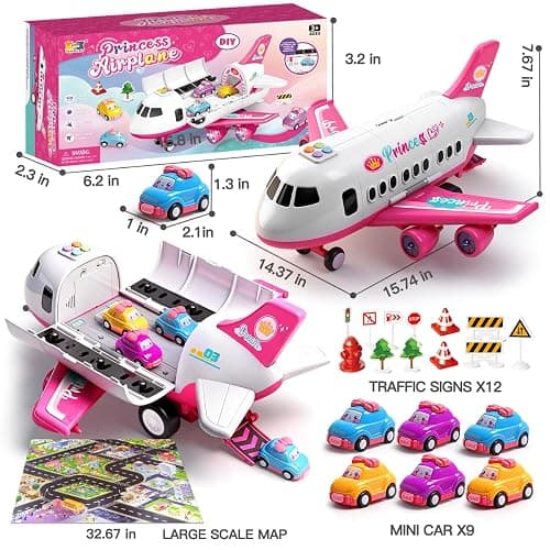 Pink Airplane Toy with Princess Cars and Play Mat,Plane with Lights and Sounds for 2 3 4 5 6 7 Year Old Toddler Girls,Birthday Gift Idea for Kids thumbnail 2