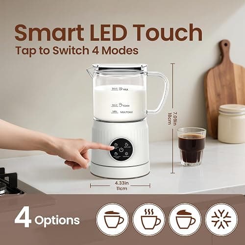 Casimhu 4-in-1 Milk Frother, Electric Milk Frother and Steamer with LED Touch Screen, Ceramic Lining Bottom, Milk Warmer 13.52oz for Lattes, Cappuccinos, and Macchiatos at Home, White thumbnail 2