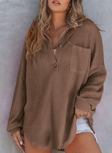Astylish Women Waffle Knit Tops Henley Shirts Long Sleeve V Neck Solid Color Casual Tunic thumbnail 3