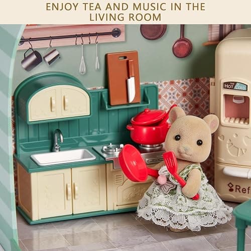 Dollhouse Kitchen Furniture Suitcase Set for Kids, 2 Flexible Dolls/Dining Tble/Kitchenware/Tableware/Refrigerator/Bread, Pretend Play Dollhouse Accessories Christmas Birthday Gift for Girls Ages 3+ thumbnail 5
