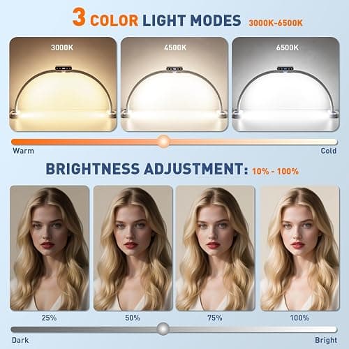 KIRKAS Foldable Half Moon Light with Display Screen, Nail Lamp for Desk with Phone Holder, 29in Esthetician Light 3 Color Mode(3000K-6500K) 10 Brightness Level, Detachable Base for Manicure Handicraft thumbnail 3