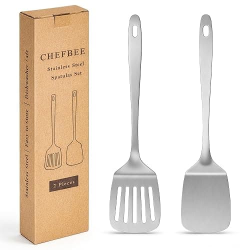 ChefBee 2PCS Stainless Steel Spatula Set, Solid & Slotted Turner | Heat Resistant, Heavy Duty Kitchen Utensils, Dishwasher Safe, For Flipping Fish Eggs Pancakes, Everyday Kitchen Cooking - Image 1