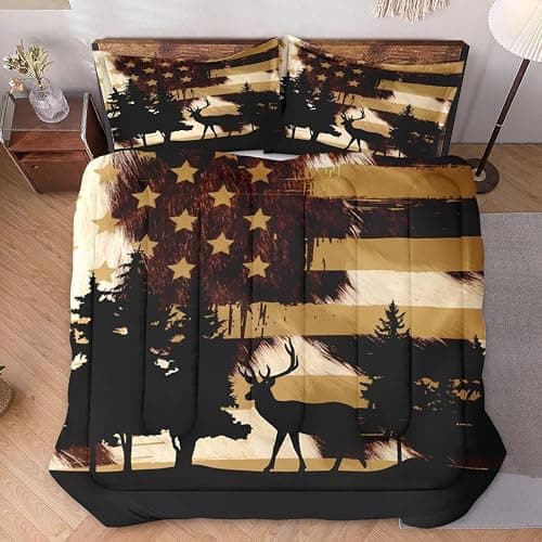 WeCozy Queen Size Comforter Set with 2 Pillowcases, Deer Animal Tree Cow Print 3 Pcs Bedding for Kids and Adults, Retro American Flag Soft Comforter Set for Bedroom Bed Decor thumbnail 2
