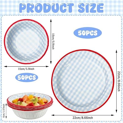 DTFMZOV 100 Pcs Gingham Paper Plates and Bowls Set - 50 Pcs 8.5 Inch Disposable Blue Gingham Plates and 50 Pcs Small Paper Bowls 8 oz Soak Proof, Cut Proof, Microwave Safe Party Supplies thumbnail 2