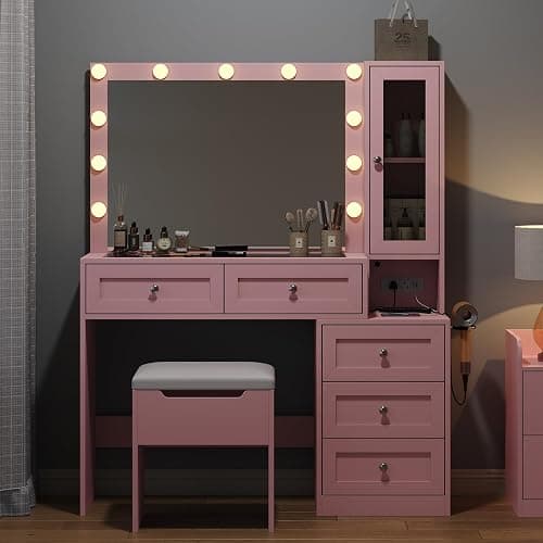 CollaredEagle 43" W Vanity Desk with Mirror & 11 Lights, 5 Drawer Modern Makeup Desk with Glass top & Cushioned Stool, 3 Lighting Modes Brightness Adjustable,Power Outlet,Bedroom, Pink thumbnail 6