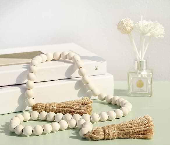 Meplait 39in Wood Bead Garland Farmhouse with Tassels,Versatile Prayer Beads Boho Chic Wall Hanging Home Decor(Natural) thumbnail 4