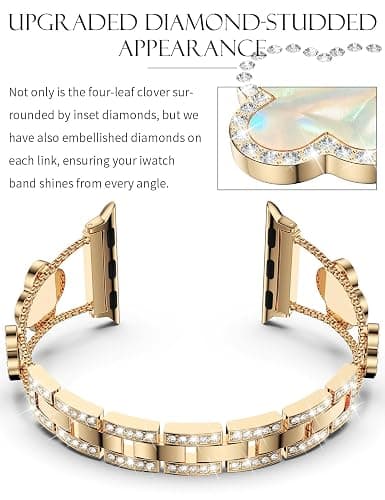 CTYBB Bling Diamond Band Compatible with Apple Watch Bands for Women 40mm 41mm 38mm 42mm Series 11 10 9 8 7 6 5 4 SE 3 2 1, Sparkle Metal Bracelet Wristband, Cute Lucky Clover Dressy iWatch Band,Gold/White thumbnail 4