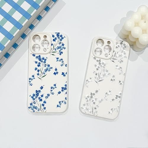 NITITOP Compatible with iPhone 13 Pro Max Case Cute Flower Floral Branch Leaves Pattern for Women Girls Trendy Slim Fit TPU Bumper Silicone Shockproof Full Camera Protection Cover - Blue thumbnail 2