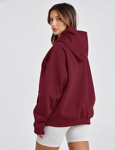 Burgundy Lauweion Women Solid Basic Fleece Letter Loose Hoodie Sweatshirt Long Sleeve Kangaroo Pocket Drop Shoulder Pullovers Top thumbnail 5