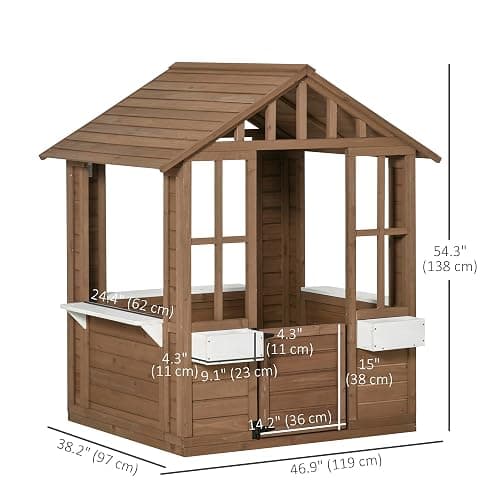 Outsunny Kids Outdoor Playhouse, Wooden Cottage with Door & Windows, Brown | Flower pot holder and boxes, garden games cottage for ages 3-8 thumbnail 3