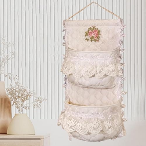 FewNvWa Wall Hanging Storage Bag Organizer Basket Pouch Holder with Quilted Cotton and Milk Lace Easy to Install and Space Saving Suitable for Bedroom Bathroo, 2 Pocket thumbnail 2