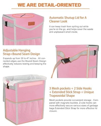 Pritent Car Trash Can with Lid, Cute Leakproof Car Trash Garbage Bag Hanging Vehicle Trash Bin Small Portable Automotive Garbage Cans Organizer for Back/Front Seat(Trapezoid,Pink thumbnail 4