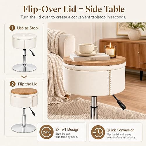 ACEQLYT 2 in 1 Adjustable Storage Vanity Stool with Flip-Over Wood Tray | 360° Swivel Vanity Chair with Storage, Small Round Makeup Stool for Vanity, White PU Leather thumbnail 3