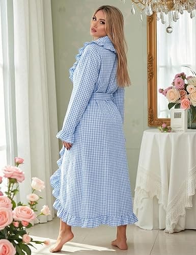 Gihuo Cotton Robes for Women Gingham Long Sleeve Ruffle Trim Bathrobe | Womens Robes Lightweight,Summer Robe,Plaid Bathrobe,Loungewear Sleepwear, Checkered Ruffle Housecoat thumbnail 6