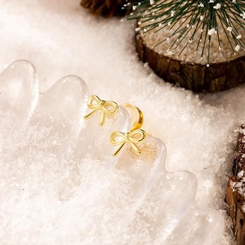 HANLI Bow Earrings for Women - 14K Gold Plated Silver Dainty Bow Earrings Small Gold Stud Earring Jewelry Gifts for Her thumbnail 6