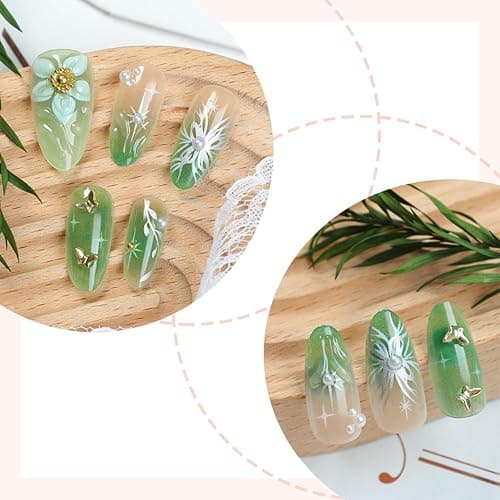 30pcs Green Press on Nails Medium Almond Fake Nails With 3D Flower Pearl Rhinestone Design Gold Beads Butterfly False Nails Star Glue on Nails 3D Summer Floral Full Cover Stick on Nails for Women thumbnail 2