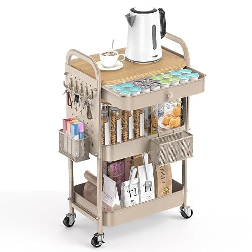 ALVOROG Rolling Cart with Drawer and Wood Table Top, 3 Tier Metal Rolling Utility Cart on Wheels with DIY Pegboards, Hanging Baskets, Hooks for Kitchen, Bedroom, Office, Craft Supplies - Image 1