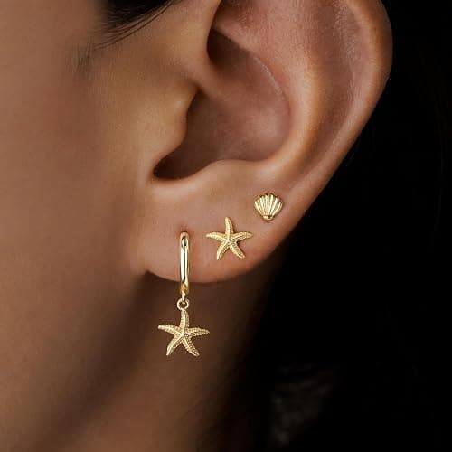 Gold Seashell Starfish Stud Hoop Earrings for Women, Summer Beach Flower Drop Earrings for Multiple Piercing Cartilage, Dainty Trendy Dangling Earring 3 Pairs Set Vacation Outfits Accessories Jewelry thumbnail 6