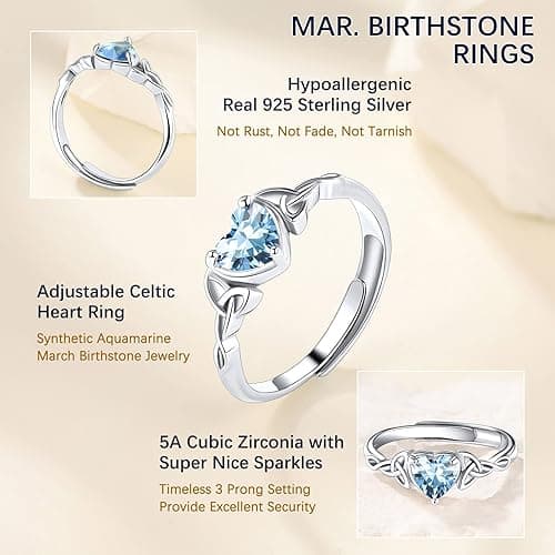 925 Sterling Silver Good Luck Celtic Twisted Knot/Claddagh Heart Birthstone Ring, Thin Delicate Adjustable Promise Engagement Ring Irish Jewelry for Women - style a. 03. March(Aquamarine) thumbnail 4