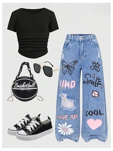 GORGLITTER Girl's Jeans Baggy Wide Leg Graphic Denim Pants Y2K Ripped Zipper Fly Long Trousers with Pockets thumbnail 6
