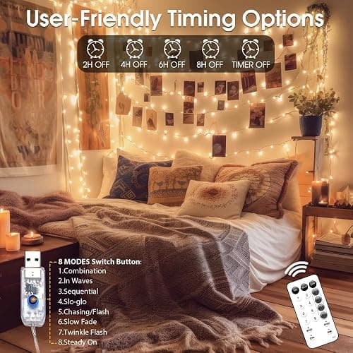 Photo Clips String Lights for Decor: USB Powered 40Ft 120LED 50 Clear Clips - Waterproof/8 Modes/Remote/Timer Fairy Light for Girls Bedroom Dorm Picture Hanging - Christmas Party Wedding Decorations - Warm White - 8 Modes USB Powered-120LED thumbnail 3