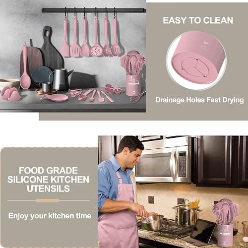 Silicone Cooking Kitchen Utensil Set, AIKKIL 43 Pcs Pink Cooking Utensils Set, Turner, Tongs, Spoon, Spatula, Kitchen Gadgets Tools Set For Nonstick Cookware, Heat Resistant (Dishwasher, BPA Free) thumbnail 7