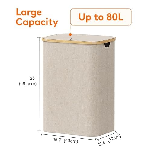 Lifewit 80L Laundry Basket with Lid, Clothes Hampers for Laundry with Bamboo Handles and 1 Removable Bag, Large Foldable Laundry Hamper for Bedroom, Bathroom, Dorm, Laundry Room, Beige thumbnail 3
