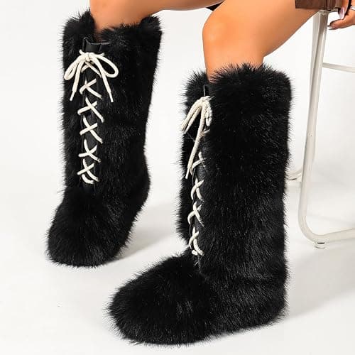Women's Knee-High Faux Fur Boots, Fluffy Lace-Up Boots, Flat Shoes, Black | Warm Flat Heel Winter Plush Fuzzy Curly Y2k Round Toe Suede Comfy Lace Up thumbnail 6