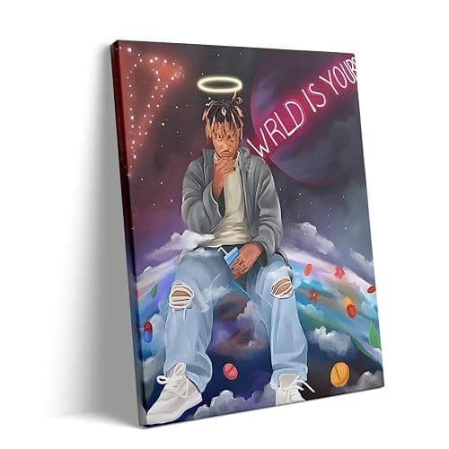 B.B.F MAKE Juice WRLD Canvas Wall Art Pop Rapper Sitting on World Poster Cosmic Picture Artwork, Music and Galaxy Aesthetic Wall Decor for Living Room Bedroom Game Room Bar Studio, Framed 11x14inch - Image 1